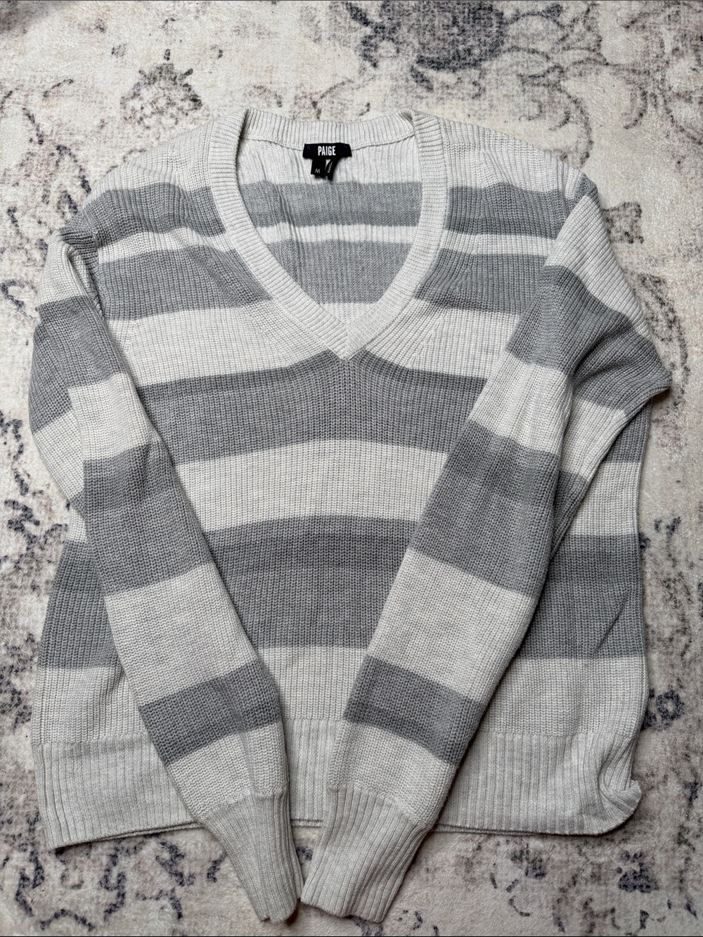 PAIGE Women's Striped V-Neck Sweater in Light Gray and Gray